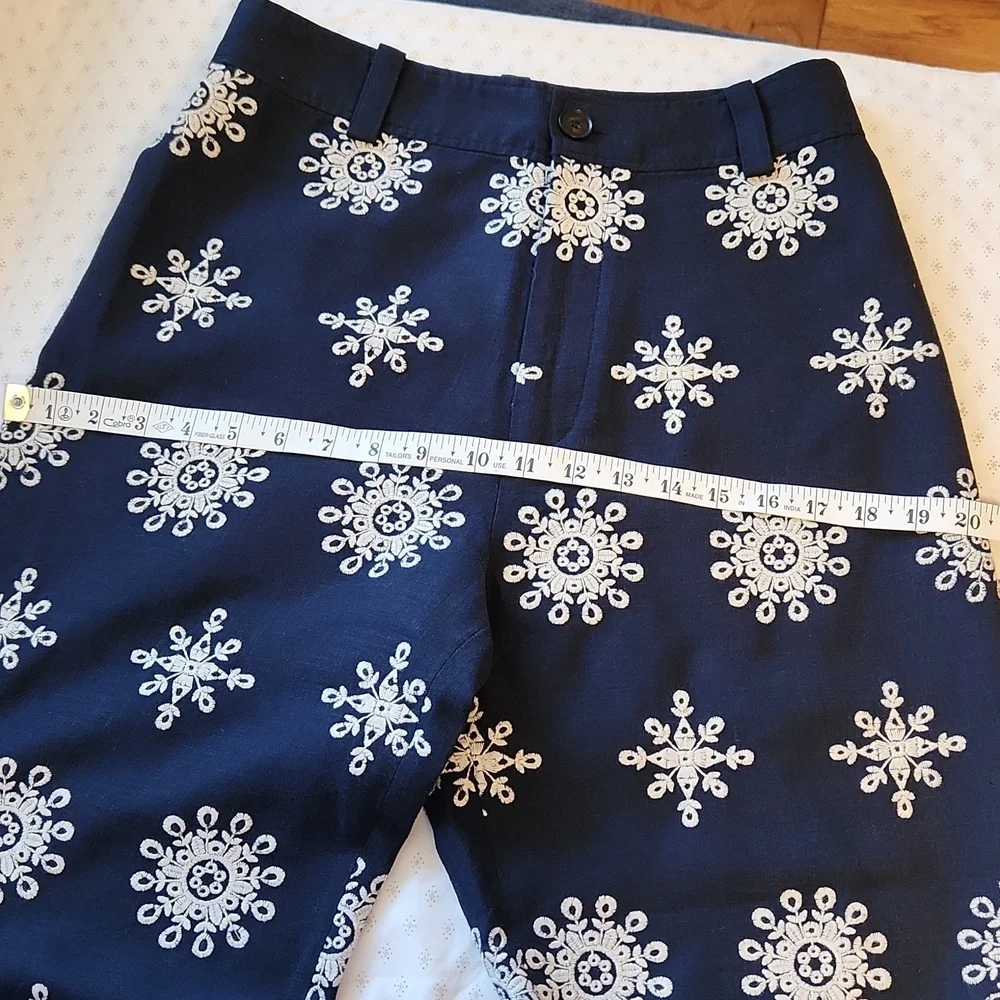 Zara Navy Linen Blend Contrast Embroidered Wide Leg Culottes M